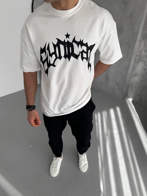 Erkek Baskılı Bisiklet Yaka T-Shirt - Beyaz
