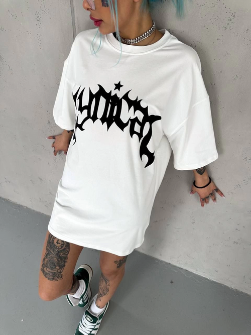 Kadın Baskıkı Bisiklet Yaka T-Shirt - Beyaz
