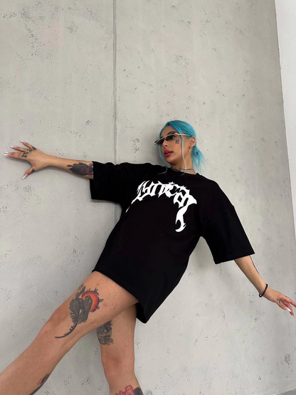 Kadın Baskılı Bisiklet Yaka T-Shirt - Siyah