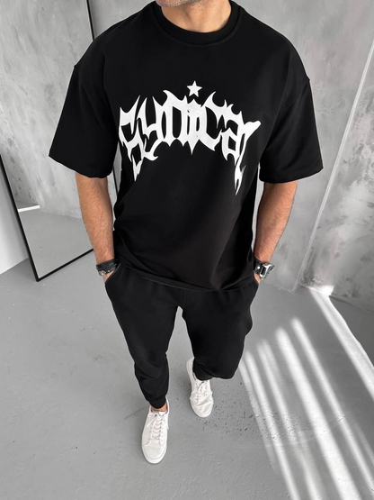 Erkek Baskılı Bisiklet Yaka T-Shirt - Siyah