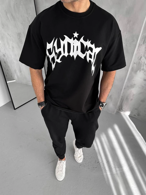 Erkek Baskılı Bisiklet Yaka T-Shirt - Siyah
