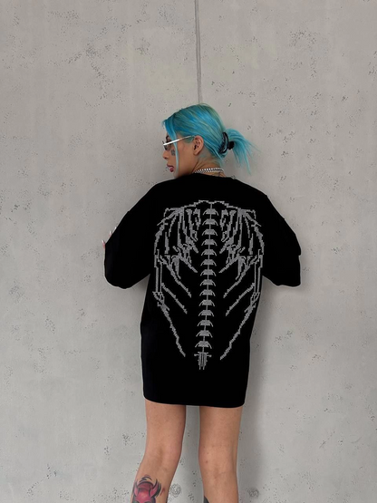 Kadın Baskılı Bisiklet Yaka T-Shirt - Siyah