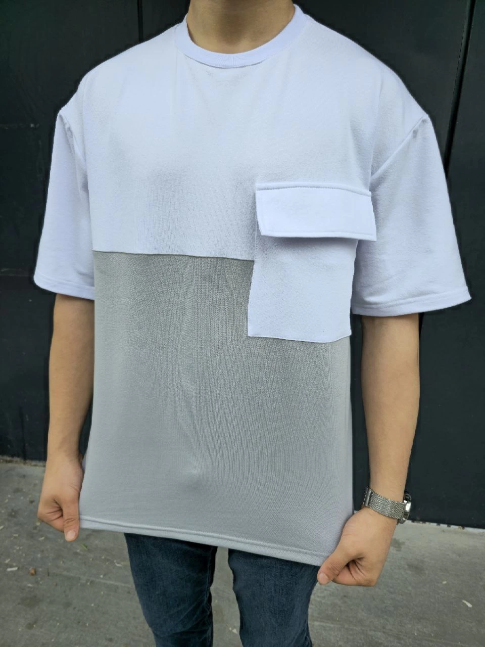 Torba Cep Detaylı Parçalı T-Shirt - Gri -