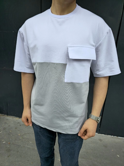 Torba Cep Detaylı Parçalı T-Shirt - Gri -