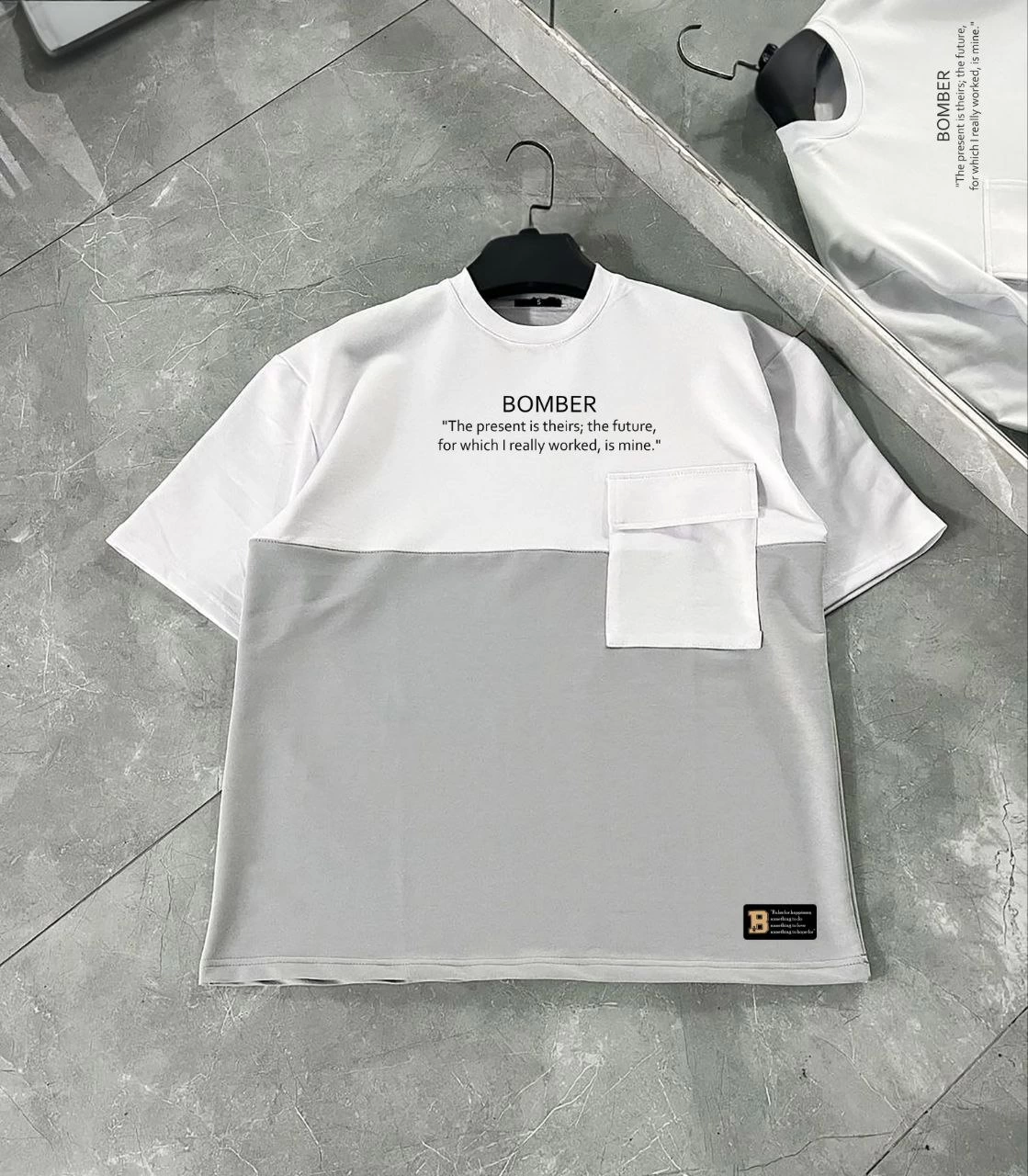Torba Cep Detaylı  Parçalı T-Shirt - Gri -