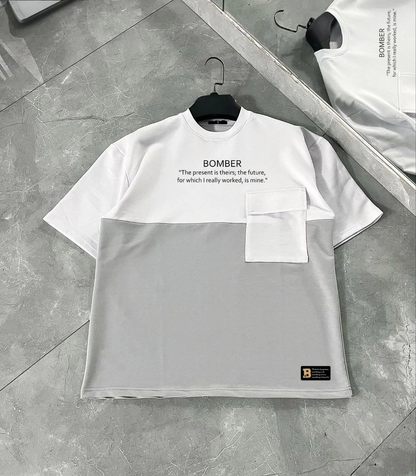 Torba Cep Detaylı  Parçalı T-Shirt - Gri -