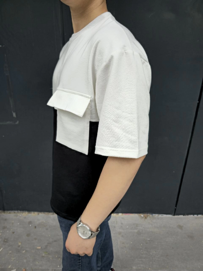 Torba Cep Detaylı Parçalı T-Shirt - Siyah -
