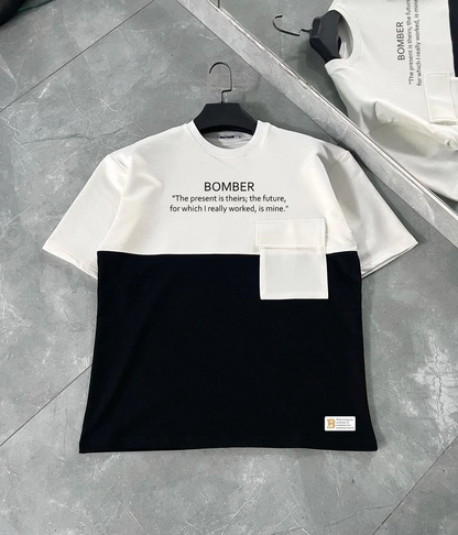 Torba Cep Detaylı  Parçalı T-Shirt - Siyah -