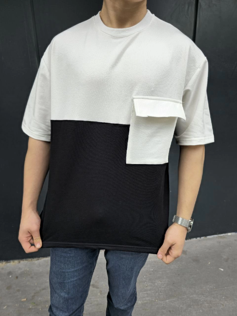 Torba Cep Detaylı Parçalı T-Shirt - Siyah -