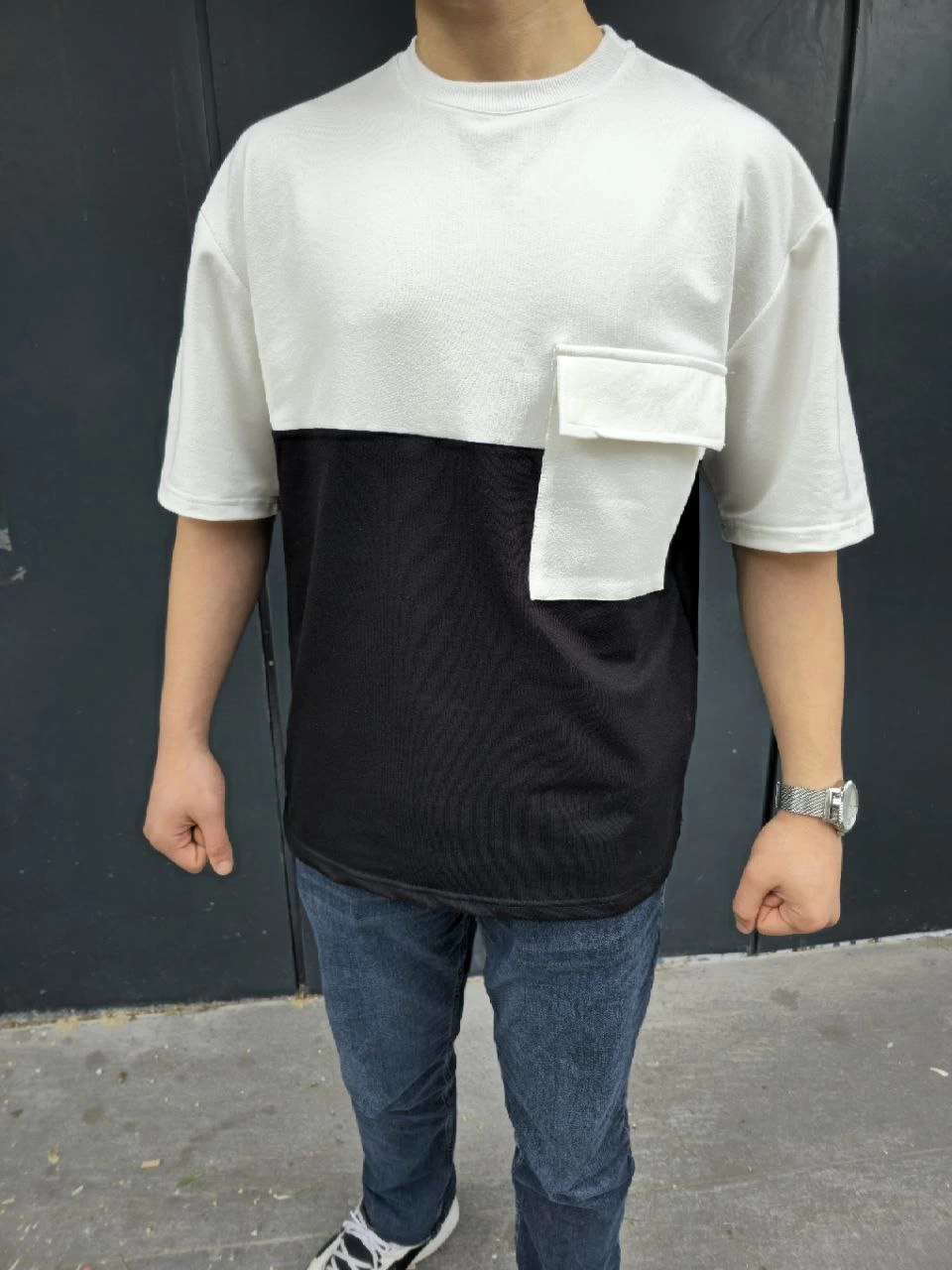 Torba Cep Detaylı Parçalı T-Shirt - Siyah -