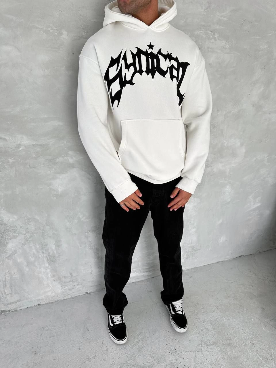 Üç İplik Kapüşonlu Baskılı SweatShirt - Beyaz -