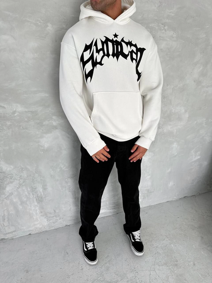 Üç İplik Kapüşonlu Baskılı SweatShirt - Beyaz -