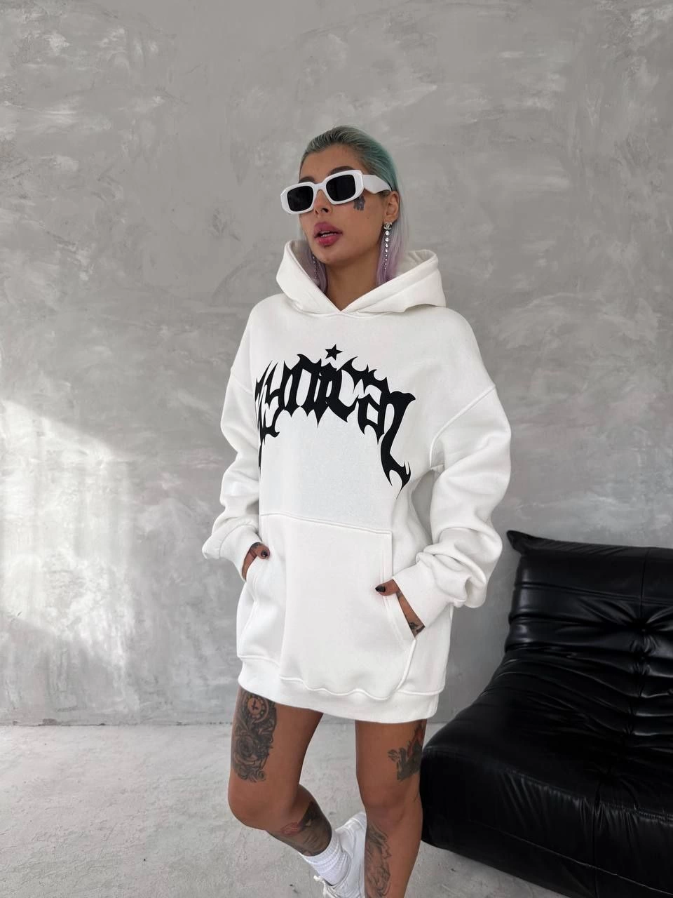 Üç İplik Kapüşonlu Baskılı SweatShirt - Beyaz -