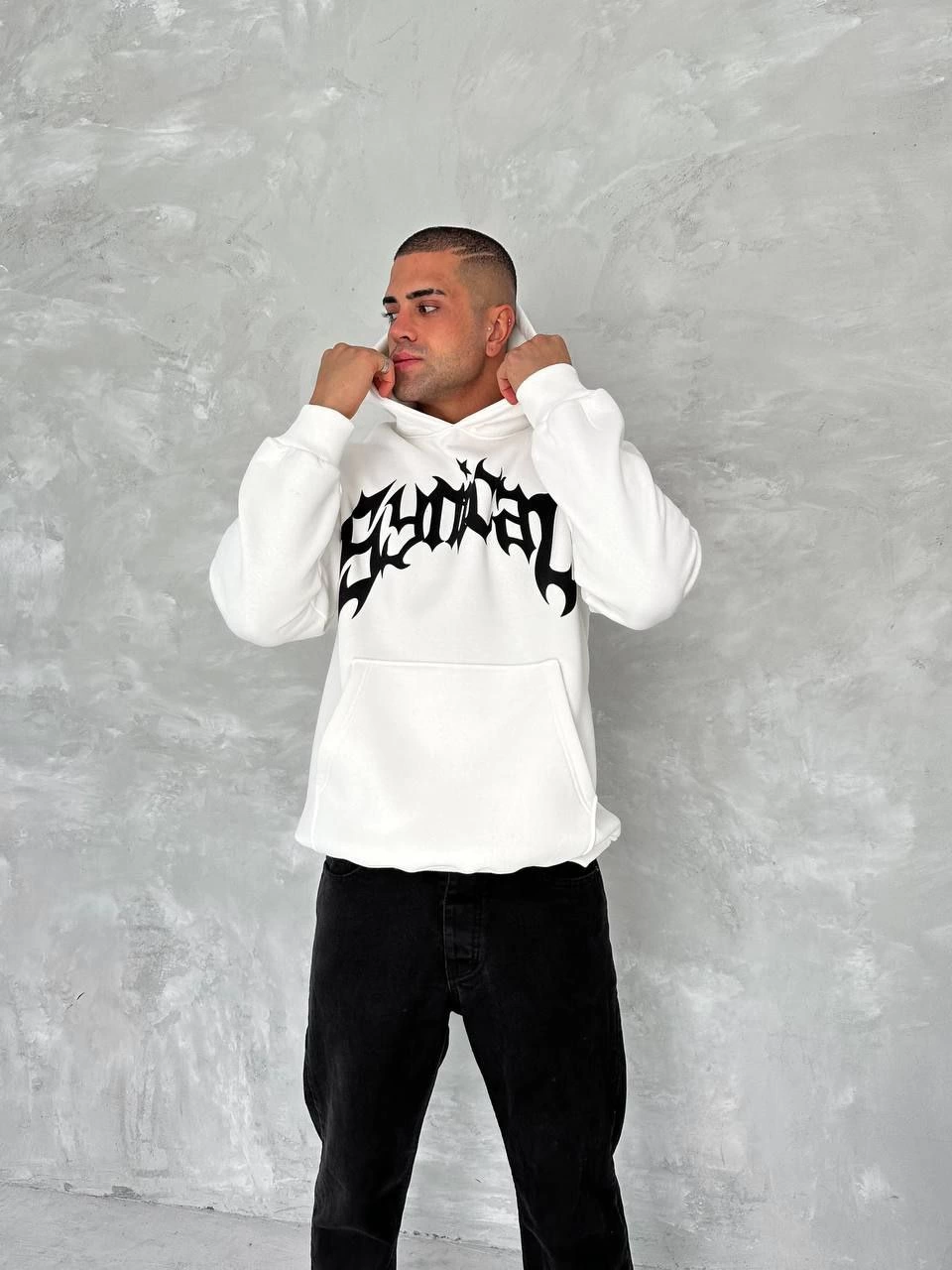Üç İplik Kapüşonlu Baskılı SweatShirt - Beyaz -