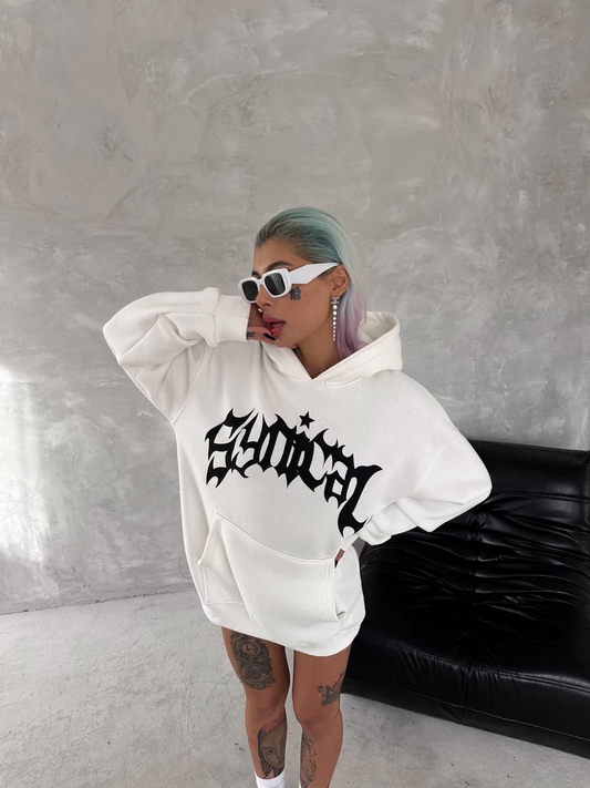 Üç İplik Kapüşonlu Baskılı SweatShirt - Beyaz -