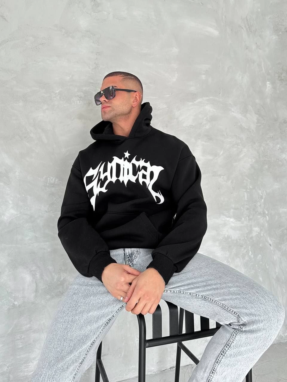 Üç İplik Kapüşonlu Baskılı SweatShirt - Siyah -
