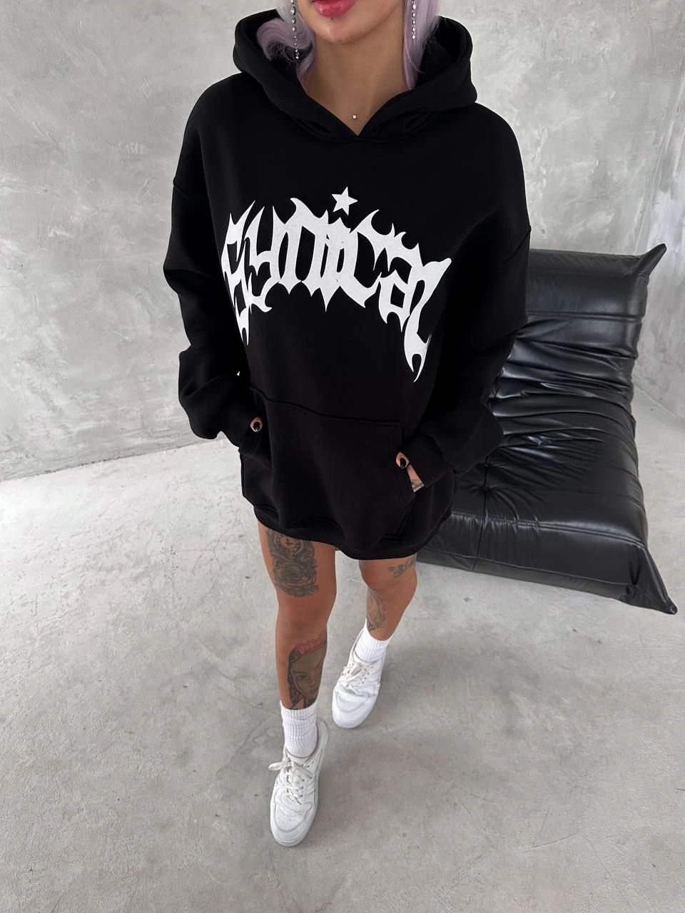 Üç İplik Kapüşonlu Baskılı SweatShirt - Siyah -