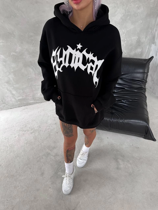 Üç İplik Kapüşonlu Baskılı SweatShirt - Siyah -
