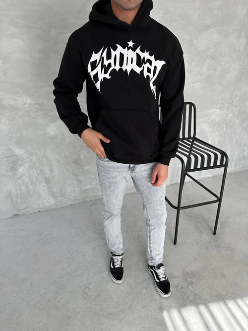 Üç İplik Kapüşonlu Baskılı SweatShirt - Siyah -