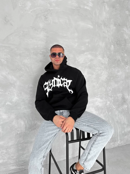 Üç İplik Kapüşonlu Baskılı SweatShirt - Siyah -