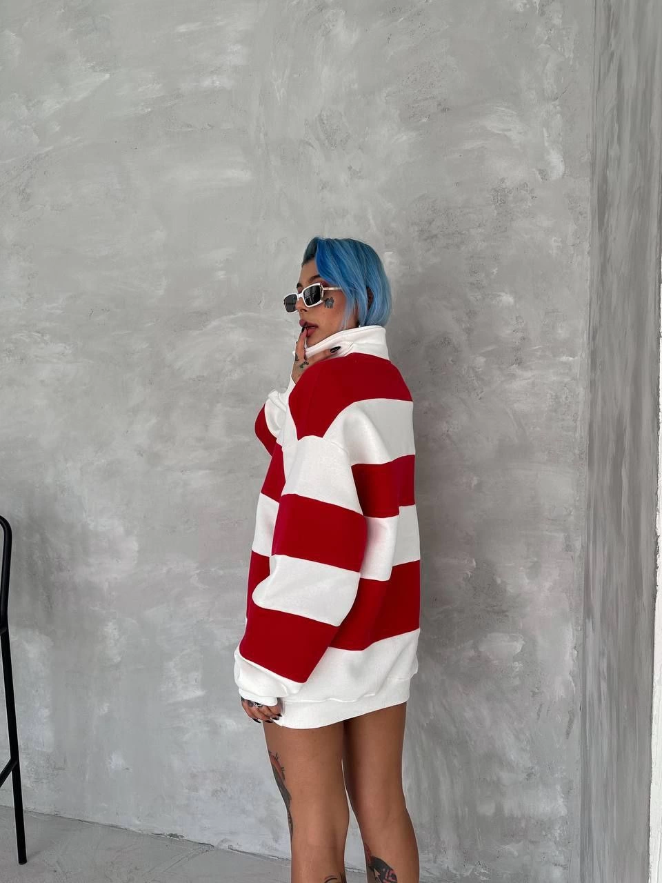 Üç İplik Parçalı Yakalı SweatShirt - Kırmızı -