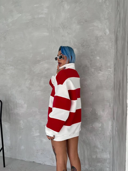 Üç İplik Parçalı Yakalı SweatShirt - Kırmızı -