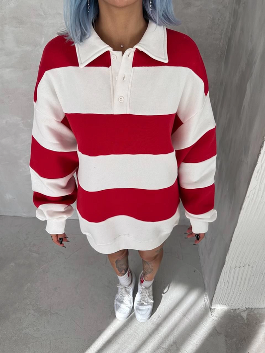 Üç İplik Parçalı Yakalı SweatShirt - Kırmızı -