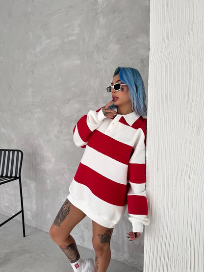 Üç İplik Parçalı Yakalı SweatShirt - Kırmızı -
