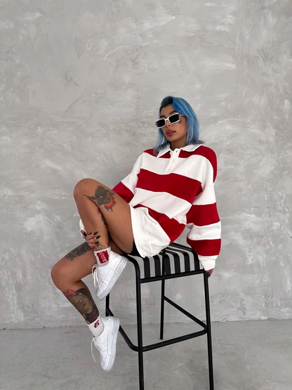 Üç İplik Parçalı Yakalı SweatShirt - Kırmızı -