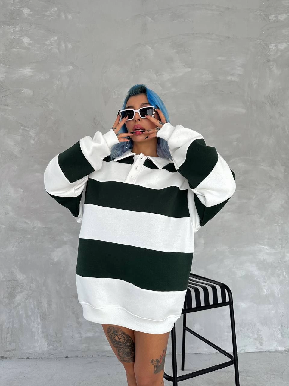 Üç İplik Parçalı Yakalı SweatShirt - Yeşil
