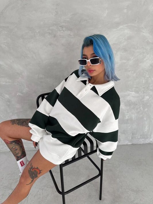 Üç İplik Parçalı Yakalı SweatShirt - Yeşil