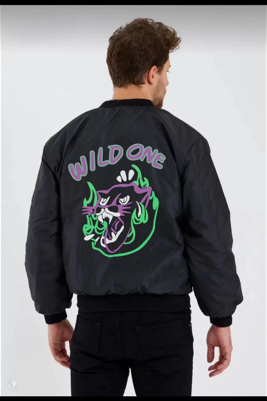 Wild One Baskılı   Bomber Mont - Panter Desenli, Fermuarlı, Kapitone Astarlı Ceket - Siyah -