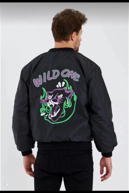Wild One Baskılı   Bomber Mont - Panter Desenli, Fermuarlı, Kapitone Astarlı Ceket - Siyah -