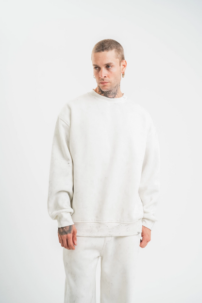 Uzun Kol Bisiklet Yaka Yıkamalı SweatShirt - Beyaz -