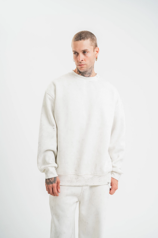 Uzun Kol Bisiklet Yaka Yıkamalı SweatShirt - Beyaz -