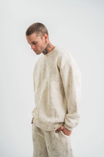 Erkek 3 İplik Pamuklu Yağ Yıkamalı Bisiklet Yaka Sweatshirt Oversize Hoodie - Krem