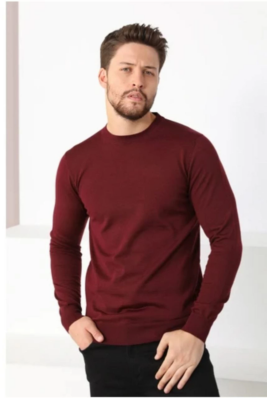Uzun Kol Biskilet Yaka Dokuma Triko - Bordo