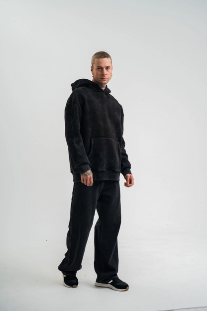 Uzun Kol Kapşonlu Yıkamalı Nakışlı SweatShirt - Siyah