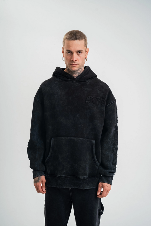 Uzun Kol Kapşonlu Yıkamalı Nakışlı SweatShirt - Siyah