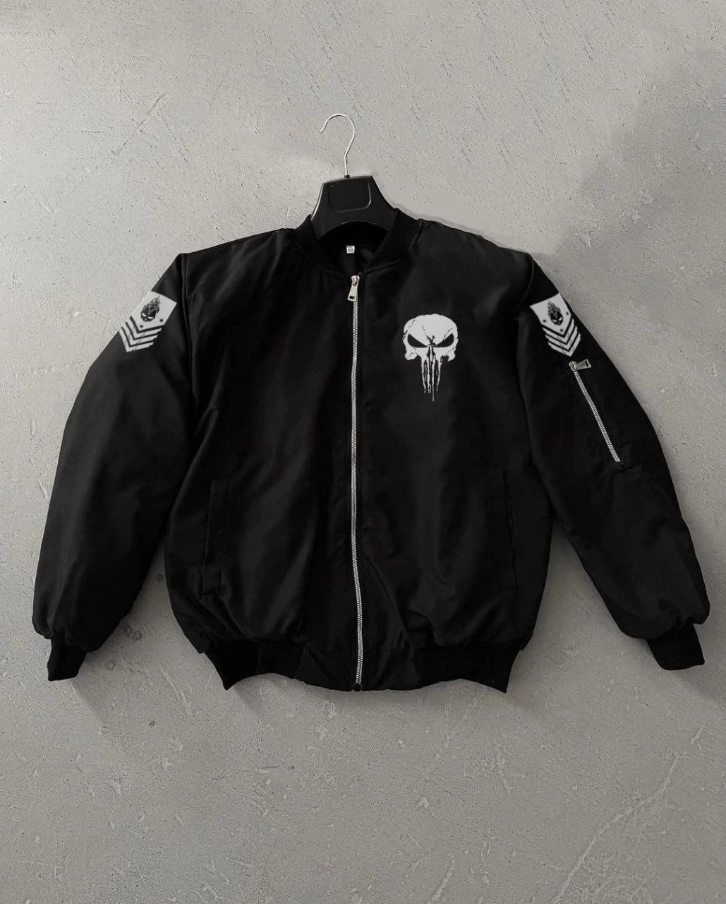 Siyah Askeri Tarz Bomber Mont -  , Punisher Skull Detaylı -