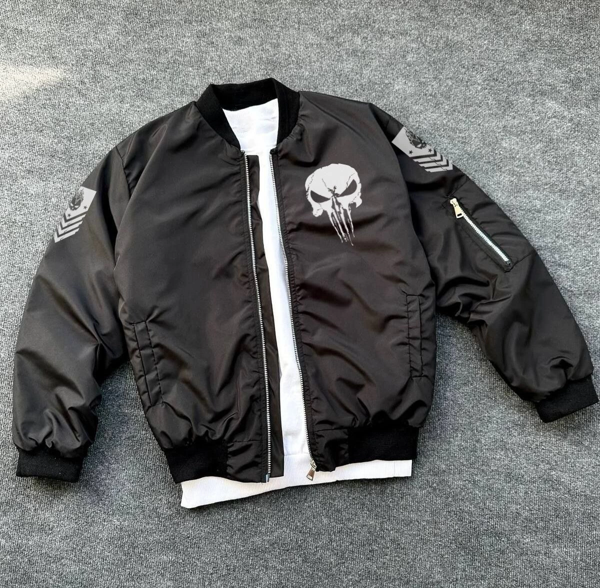 Siyah Askeri Tarz Bomber Mont -  , Punisher Skull Detaylı -
