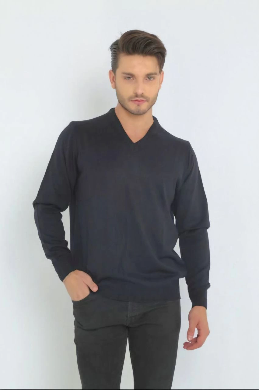 Uzun Kol V Yaka Triko Kazak - Lacivert
