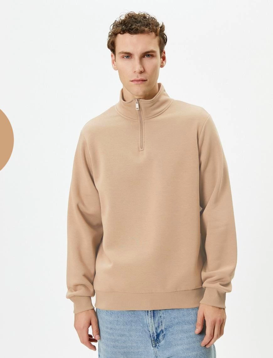 Uzun Kol Yarım Farmuarlı Yakalı Basic SweatShirt - Bej