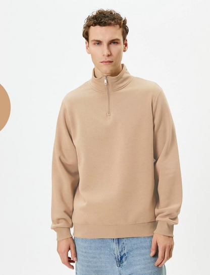 Uzun Kol Yarım Farmuarlı Yakalı Basic SweatShirt - Bej
