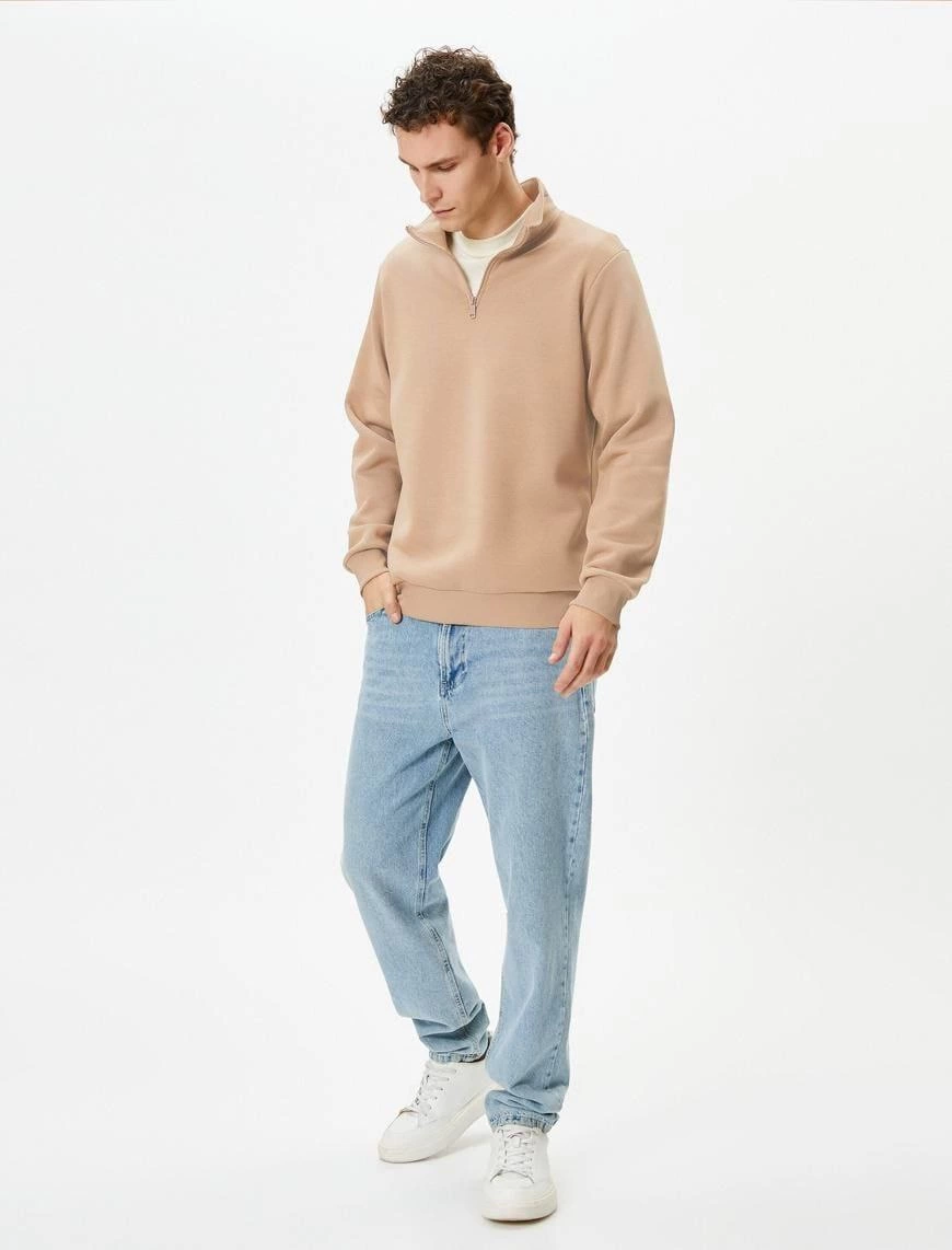 Uzun Kol Yarım Farmuarlı Yakalı Basic SweatShirt - Bej