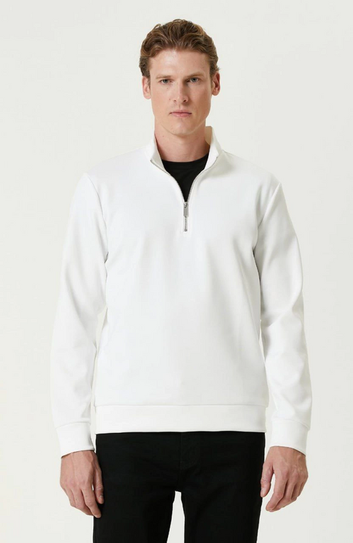 Uzun Kol Yarım Farmuarlı Yakalı Basic SweatShirt - Beyaz