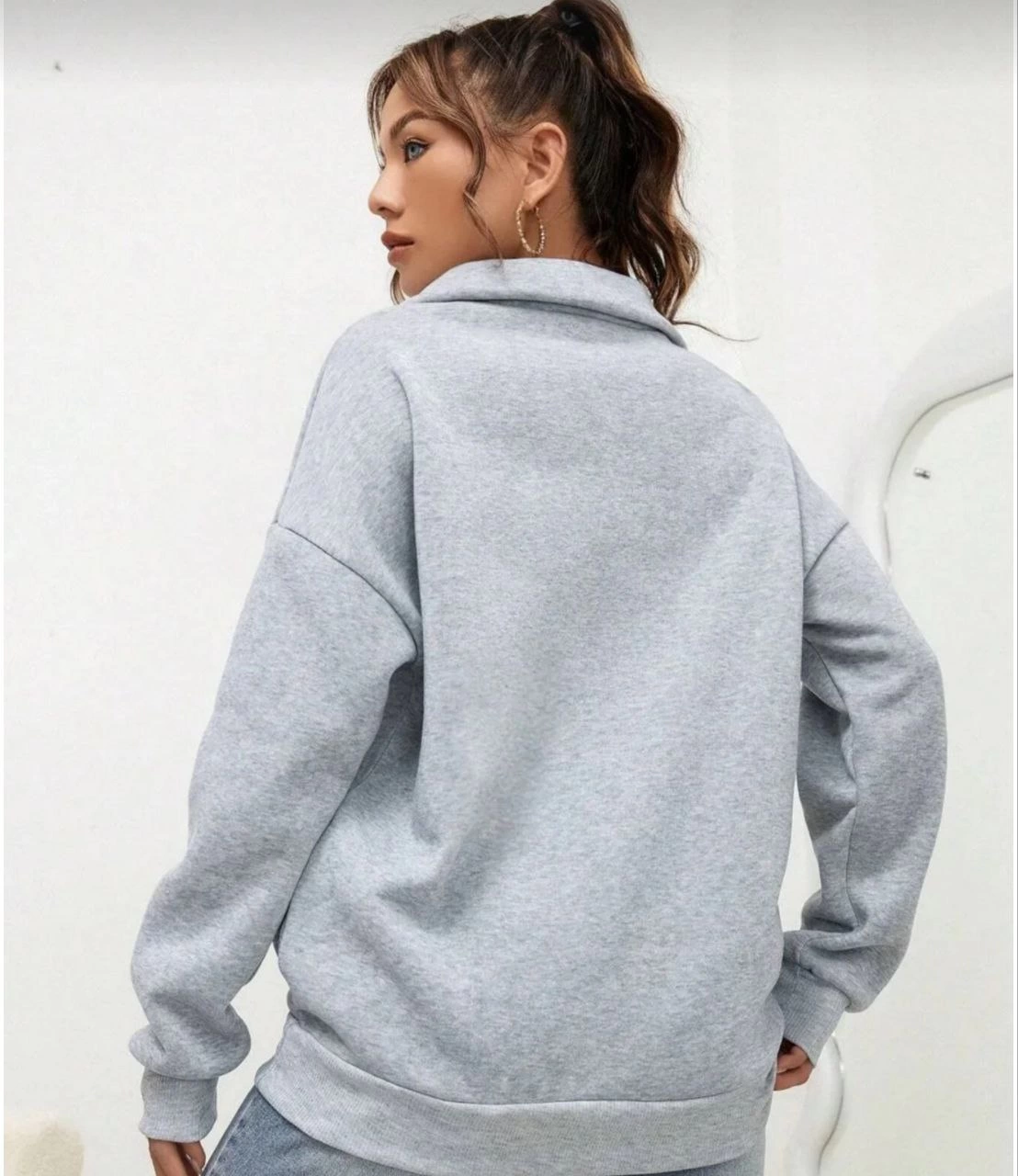 Uzun Kol Yarım Farmuarlı Yakalı Basic SweatShirt - Gri -
