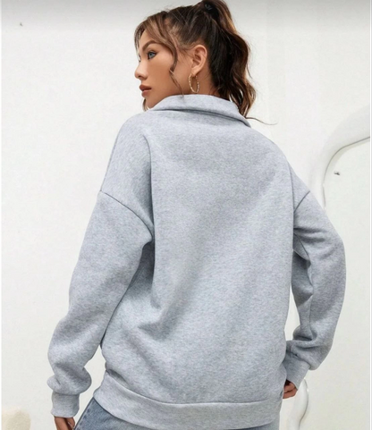 Uzun Kol Yarım Farmuarlı Yakalı Basic SweatShirt - Gri -