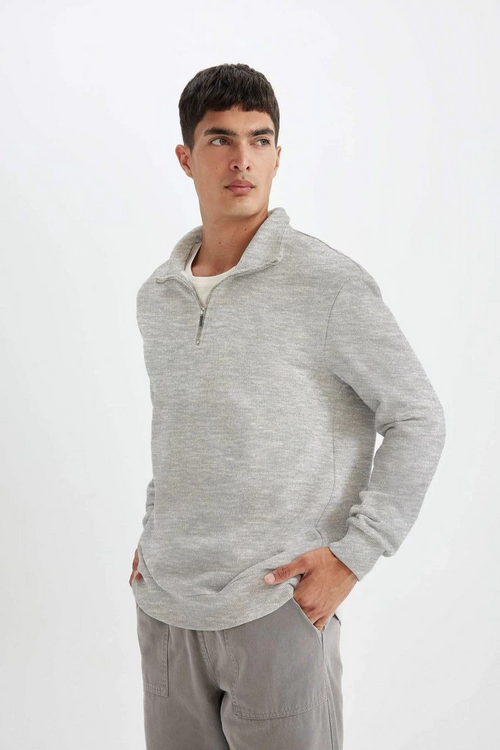 Uzun Kol Yarım Farmuarlı Yakalı Basic SweatShirt - Gri -