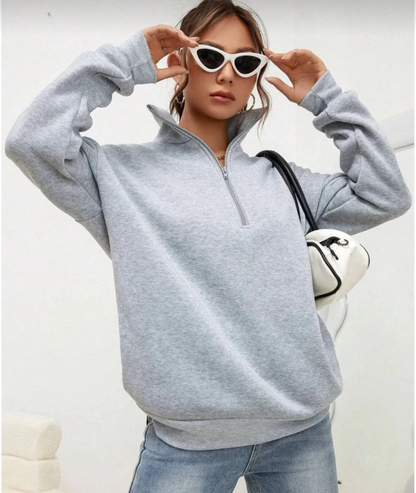 Uzun Kol Yarım Farmuarlı Yakalı Basic SweatShirt - Gri -